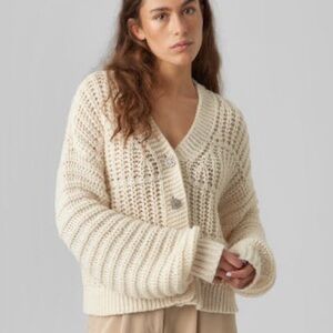 VERO MODA SMIILLA OPEN STITCH POLYESTER BLEND V NECK CARDIGAN IN BIRCH Size S
